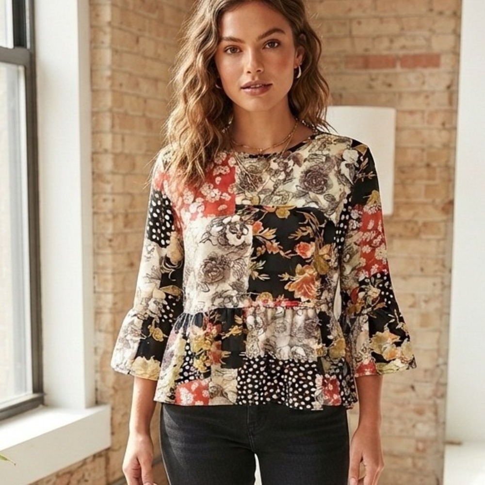 Status by Chenault Peplum Top Floral Patchwork Bell Sleeve Cottage Petite M